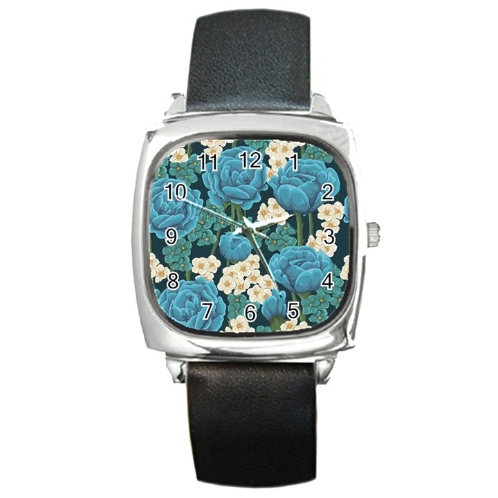 Blue flowers Square Metal Watch