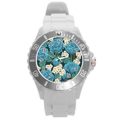 Blue Flowers Round Plastic Sport Watch (l) by goljakoff