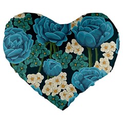 Blue flowers Large 19  Premium Flano Heart Shape Cushions