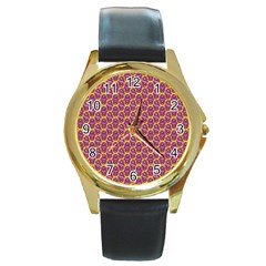 Geometric Groovy Pattern Round Gold Metal Watch by designsbymallika