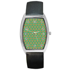 Green Floral Pattern Barrel Style Metal Watch by designsbymallika