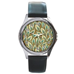 Green Leaves Round Metal Watch by goljakoff