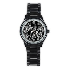 Fleurs De Cerisier Noir & Blanc Stainless Steel Round Watch by kcreatif