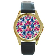 Tropical Flowers Turtles Cbdoilprincess 9a8efa63-1b6b-4226-a85c-858859e581d8 Round Gold Metal Watch