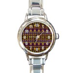 Fancy Ornate Pattern Mosaic Print Round Italian Charm Watch Front