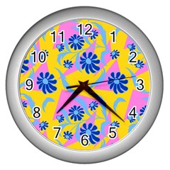 Folk Floral Pattern  Abstract Flowers Print  Seamless Pattern Wall Clock (silver) by Eskimos