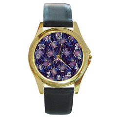 Turtles Swim In The Water Among The Plants Round Gold Metal Watch by SychEva