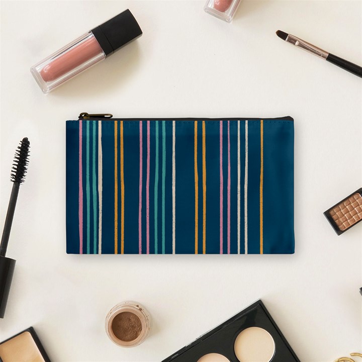 Multicolored Stripes On Blue Cosmetic Bag (Small)