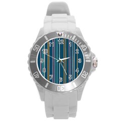 Multicolored Stripes On Blue Round Plastic Sport Watch (l) by SychEva