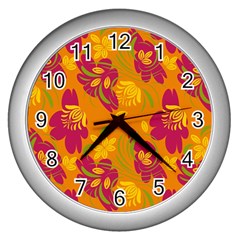 Folk Floral Pattern  Abstract Flowers Print  Seamless Pattern Wall Clock (silver) by Eskimos