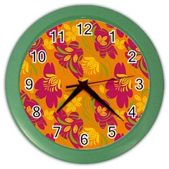 Folk Floral Pattern  Abstract Flowers Print  Seamless Pattern Color Wall Clock by Eskimos