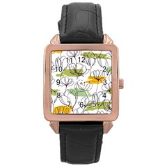 Flower Line Art Color Seamless Pattern Rose Gold Leather Watch  by Kizuneko