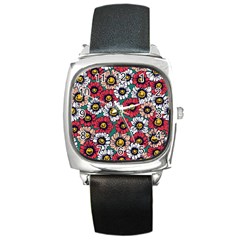 Daisy Colorfull Seamless Pattern Square Metal Watch by Kizuneko