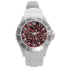 Patterntachesrougeblancnoir75 Round Plastic Sport Watch (l) by kcreatif