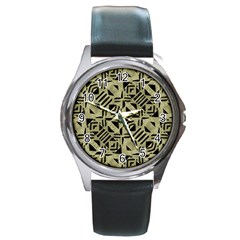 Linear Geometric Print Pattern Mosaic 2 Round Metal Watch