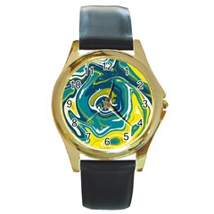 Green Vivid Marble Pattern 14 Round Gold Metal Watch by goljakoff