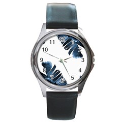 Blue Banana Leaves Round Metal Watch by goljakoff