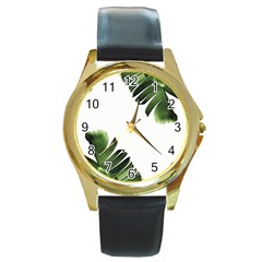 Green Banana Leaves Round Gold Metal Watch by goljakoff