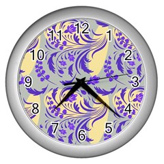 Folk Floral Pattern  Abstract Flowers Surface Design  Seamless Pattern Wall Clock (silver) by Eskimos