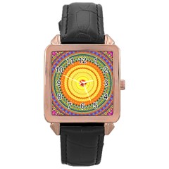 Neon Calliope Kaleidoscope Mandala Rose Gold Leather Watch  by CrypticFragmentsDesign