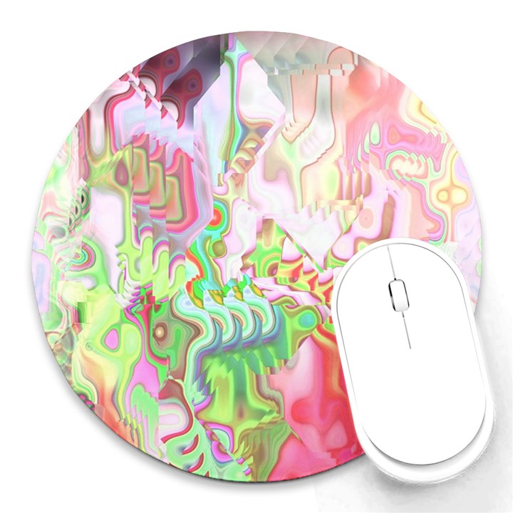 Boho Hippie Trippy Psychedelic Abstract Hot Pink Lime Green Round Mousepads