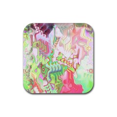 Boho Hippie Trippy Psychedelic Abstract Hot Pink Lime Green Rubber Coaster (square)  by CrypticFragmentsDesign