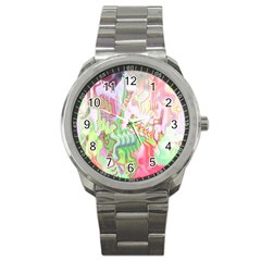 Boho Hippie Trippy Psychedelic Abstract Hot Pink Lime Green Sport Metal Watch by CrypticFragmentsDesign