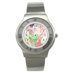 Boho Hippie Trippy Psychedelic Abstract Hot Pink Lime Green Stainless Steel Watch by CrypticFragmentsDesign