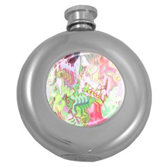 Boho Hippie Trippy Psychedelic Abstract Hot Pink Lime Green Round Hip Flask (5 Oz) by CrypticFragmentsDesign