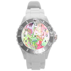 Boho Hippie Trippy Psychedelic Abstract Hot Pink Lime Green Round Plastic Sport Watch (l) by CrypticFragmentsDesign