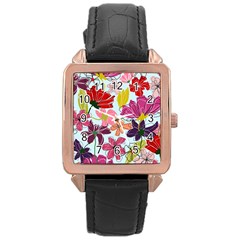 Flower Pattern Rose Gold Leather Watch  by Galinka