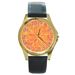 Orange/yellow Line Pattern Round Gold Metal Watch by LyleHatchDesign