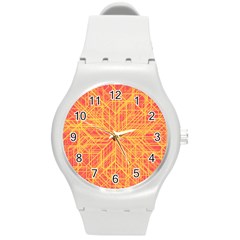 Orange/yellow Line Pattern Round Plastic Sport Watch (m) by LyleHatchDesign