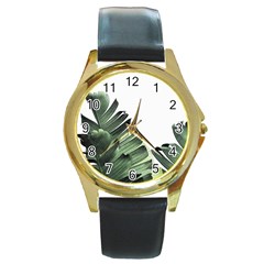 Banana Leaves Round Gold Metal Watch by goljakoff