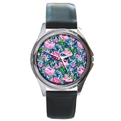 Pink Peonies Watercolor Round Metal Watch by SychEva