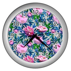 Pink Peonies Watercolor Wall Clock (silver) by SychEva