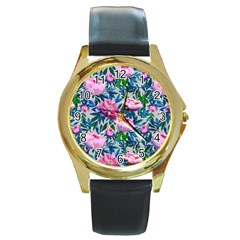 Pink Peonies Watercolor Round Gold Metal Watch by SychEva