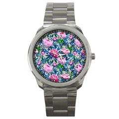 Pink Peonies Watercolor Sport Metal Watch by SychEva