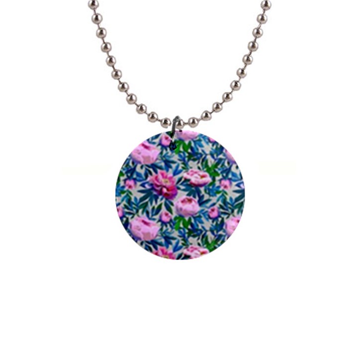 Pink Peonies Watercolor 1  Button Necklace