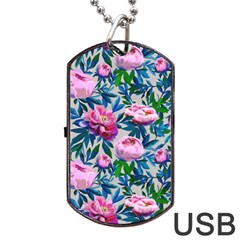 Pink Peonies Watercolor Dog Tag Usb Flash (one Side) by SychEva