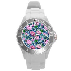 Pink Peonies Watercolor Round Plastic Sport Watch (l)