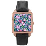 Pink Peonies Watercolor Rose Gold Leather Watch  Front