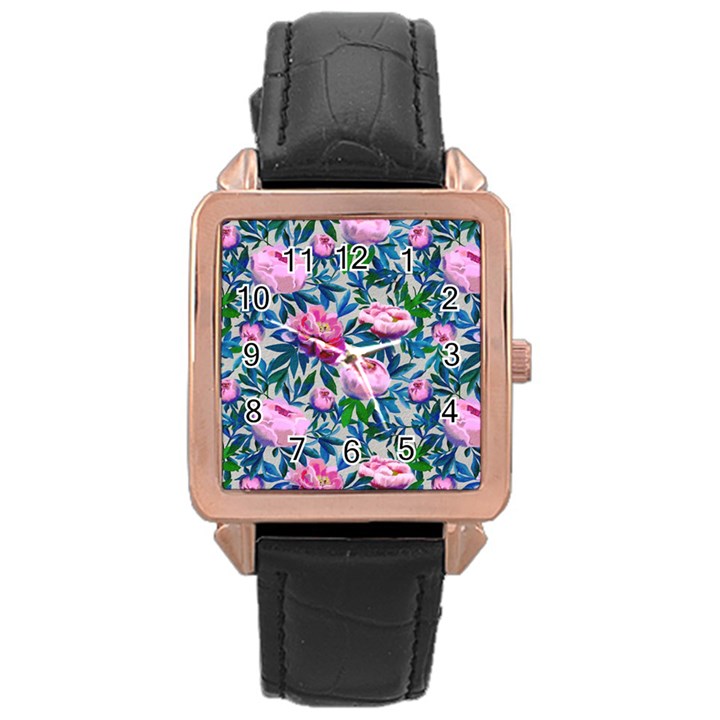 Pink Peonies Watercolor Rose Gold Leather Watch 