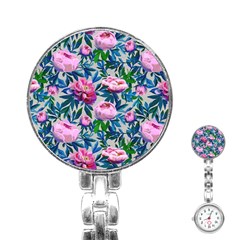 Pink Peonies Watercolor Stainless Steel Nurses Watch by SychEva