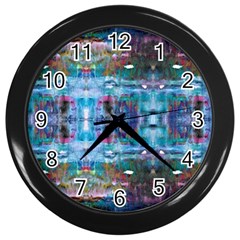 Blue On Turquoise Marbling Wall Clock (black) by kaleidomarblingart