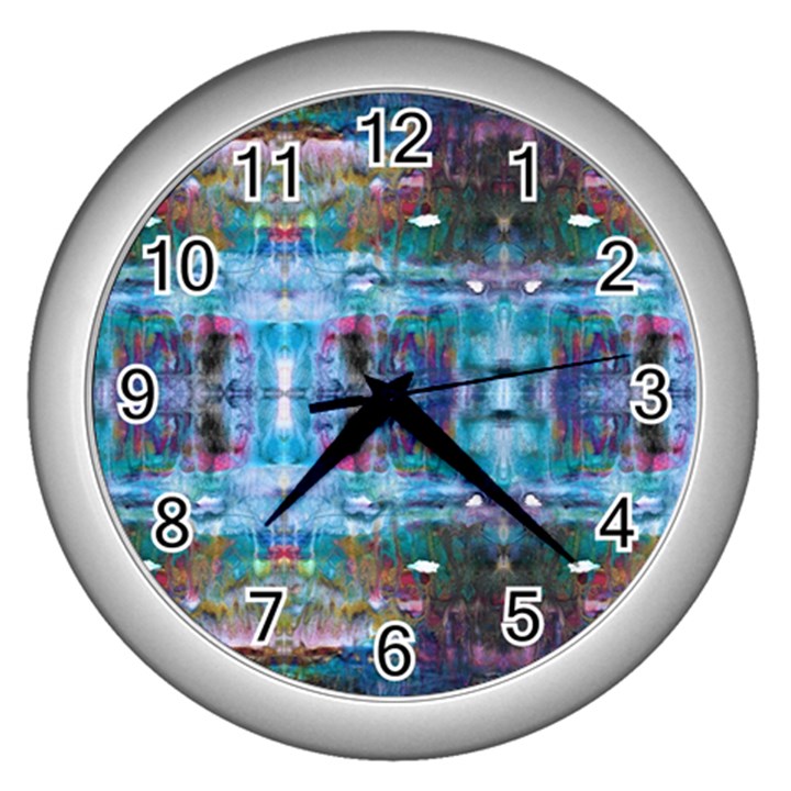 Blue on turquoise marbling Wall Clock (Silver)