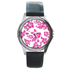 Hibiscus Pattern Pink Round Metal Watch by GrowBasket