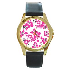 Hibiscus Pattern Pink Round Gold Metal Watch by GrowBasket