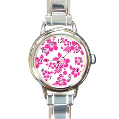 Hibiscus Pattern Pink Round Italian Charm Watch by GrowBasket