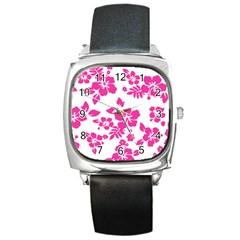 Hibiscus Pattern Pink Square Metal Watch